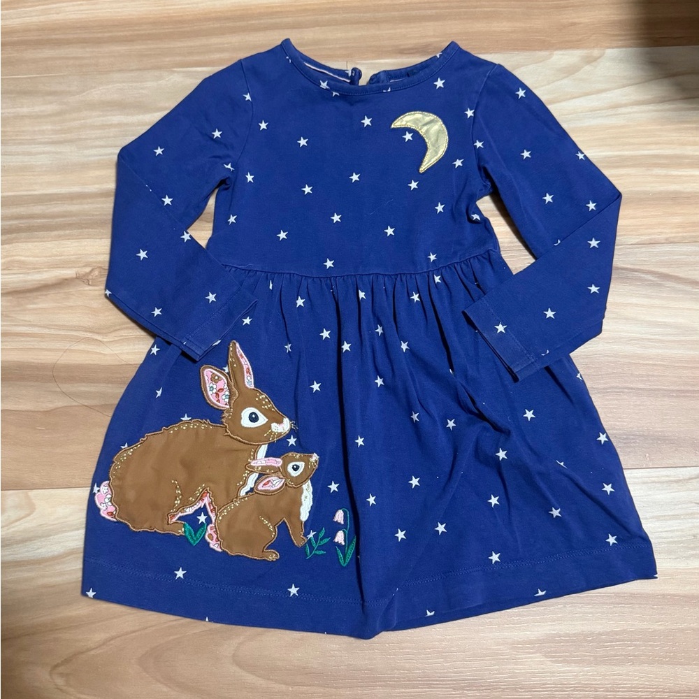 Mini Boden Navy Starry Dress with Bunny Appliqué